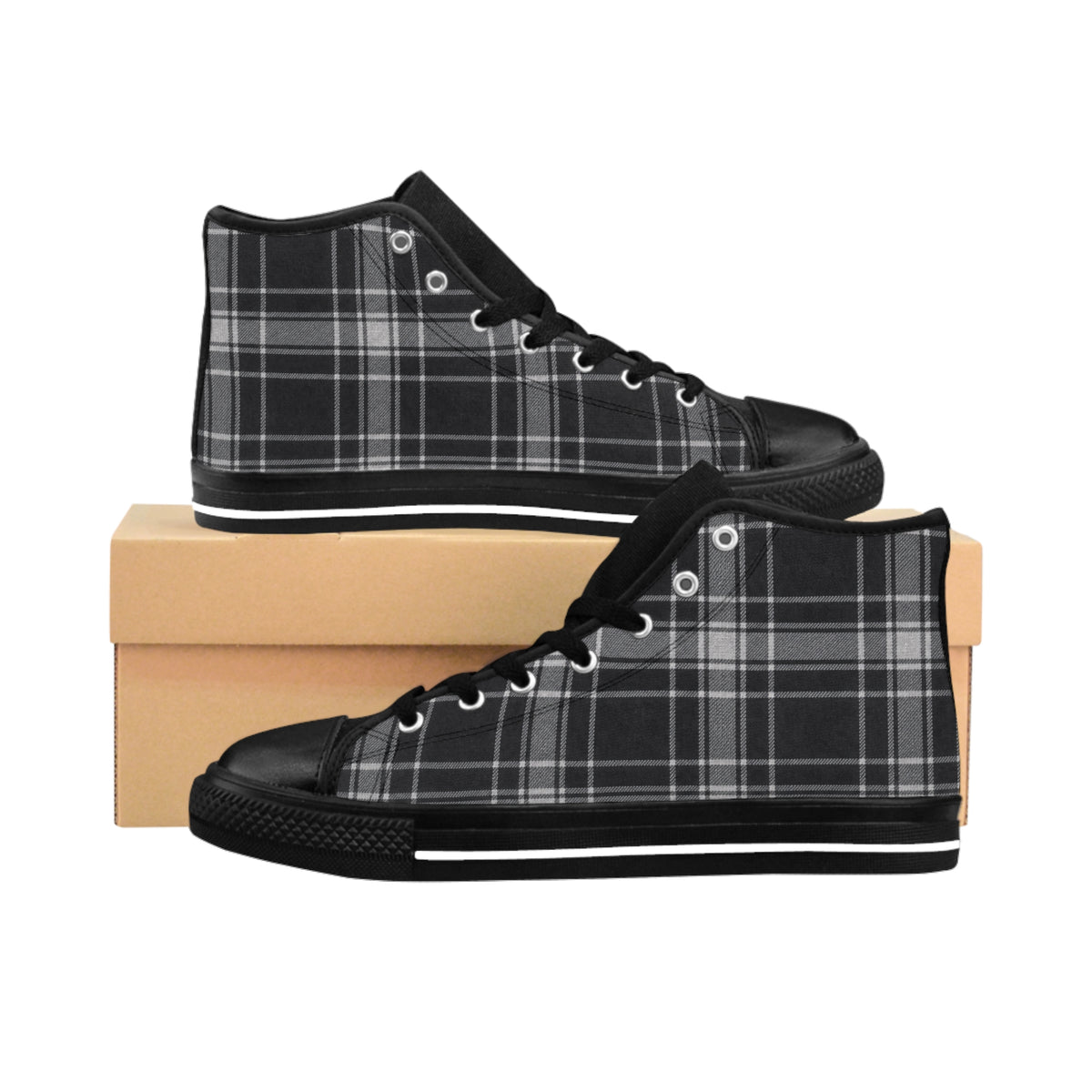 Black Plaid High-Top Sneakers — Classic Men's Casual Shoes
